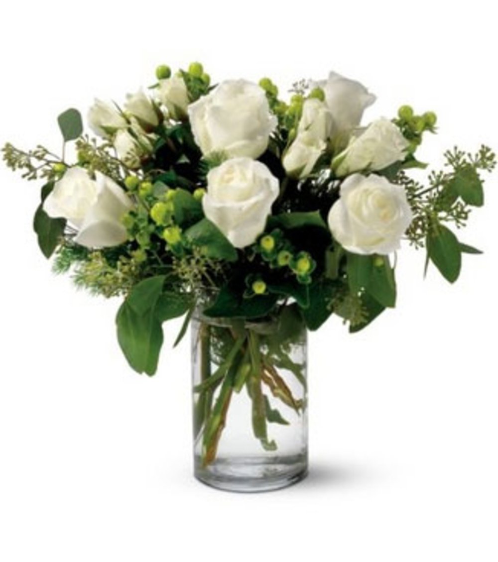 Vase with 10 Stems of White Roses & greens