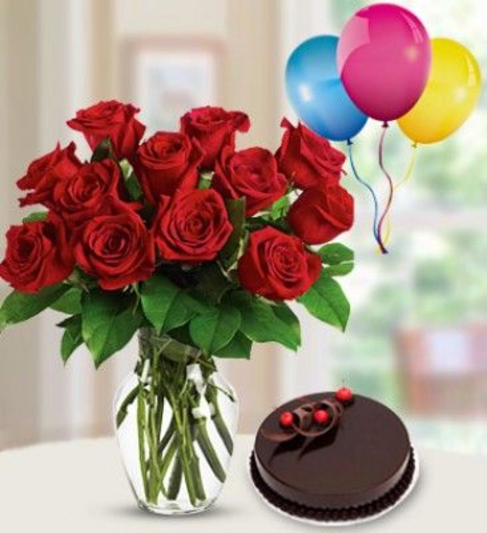 Red Roses, Cake & Balloons