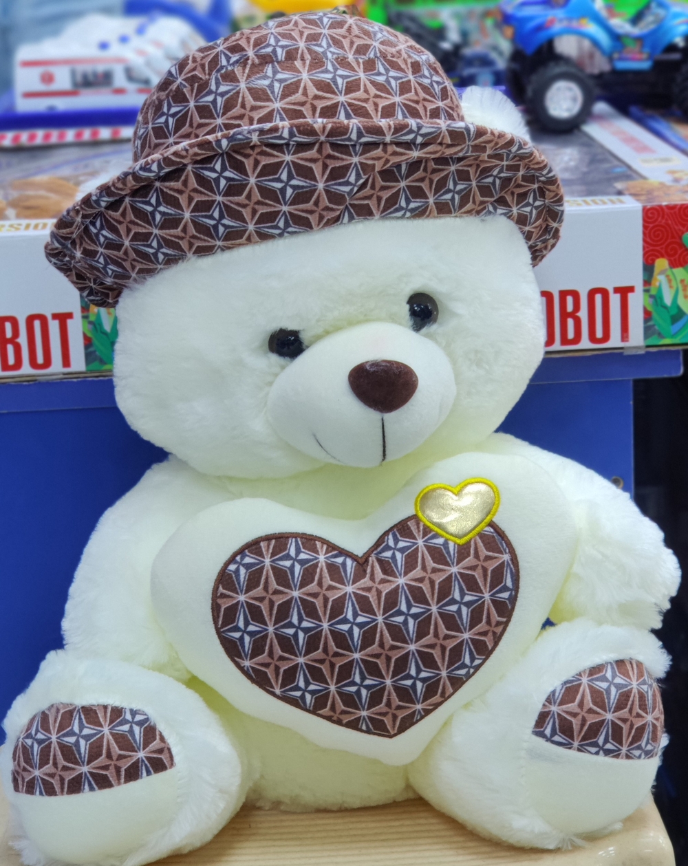 Attractive White Teddy With Designed Hat & Heart(40cm)